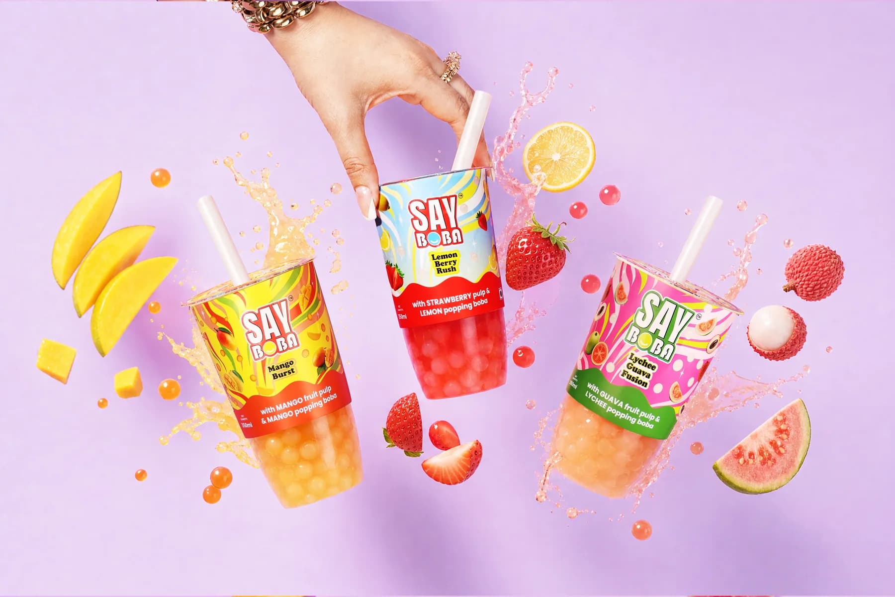 Say Boba โ Mango Burst, Lemon Berry Rush and Lychee Guava Fusion
